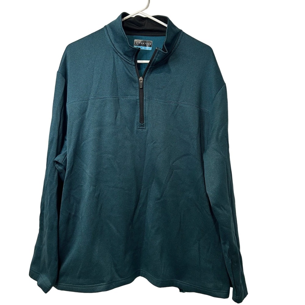 PGA Tour Quarter Zip Pullover Mens XL Teal Green Waffle Knit Fleece Lined Pocket